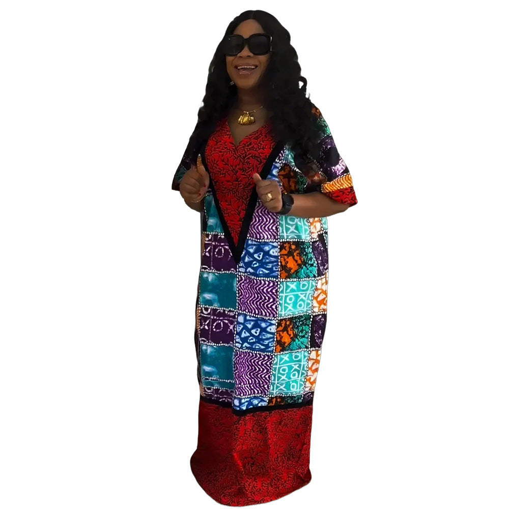 Fashion Women Printing Color Contrast Long Robe