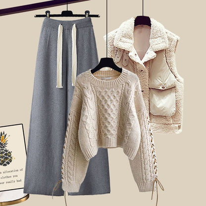 Women's Autumn And Winter Thickened Vest All-matching Knitted Sweater Wide Leg Pants Three-piece Suit