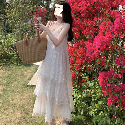 French Strap Summer Vacation Style Small Loose Tiered-Ruffle Long Dress