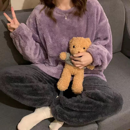 Warm Thickened Velvet Pajamas Fleece-lined Loungewear Women's Suit