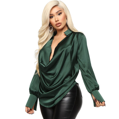 Long Sleeve Deep V-neck Satin Shirt