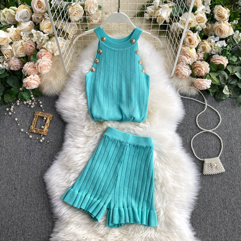 Short Waist Trousers Camisole Vest Off-the-shoulder Sling All-match High-knit Suit