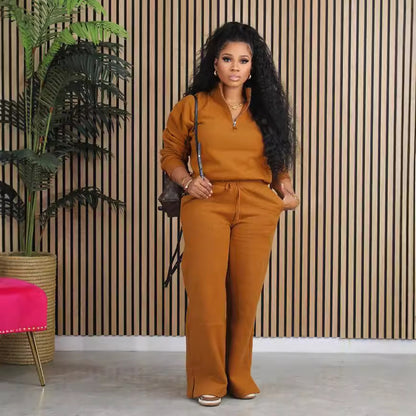 Solid Color Loose Zip Drawstring Pants Sports Two-piece Set