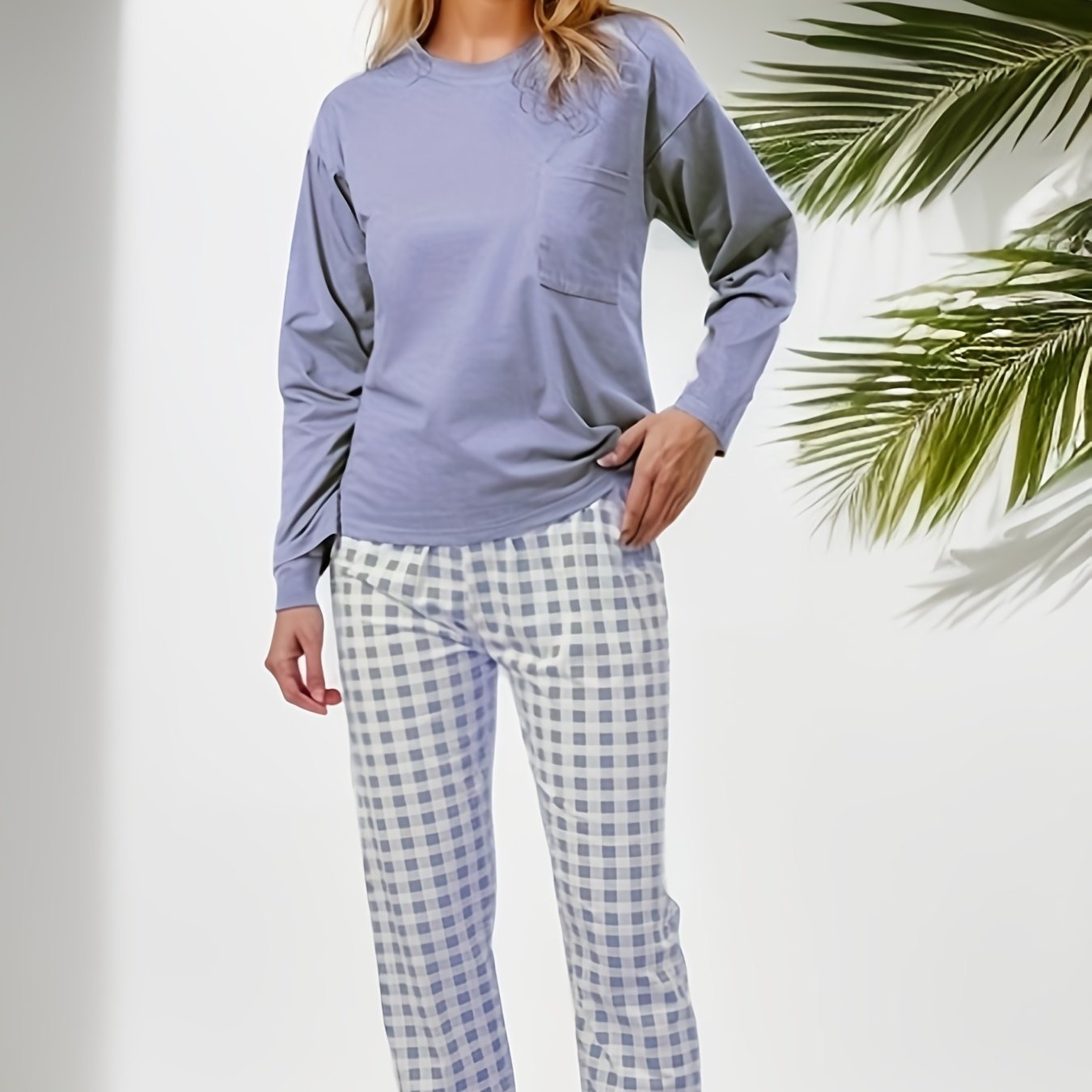 Plaid Printed Pocket Round Neck Long Pajamas Suit