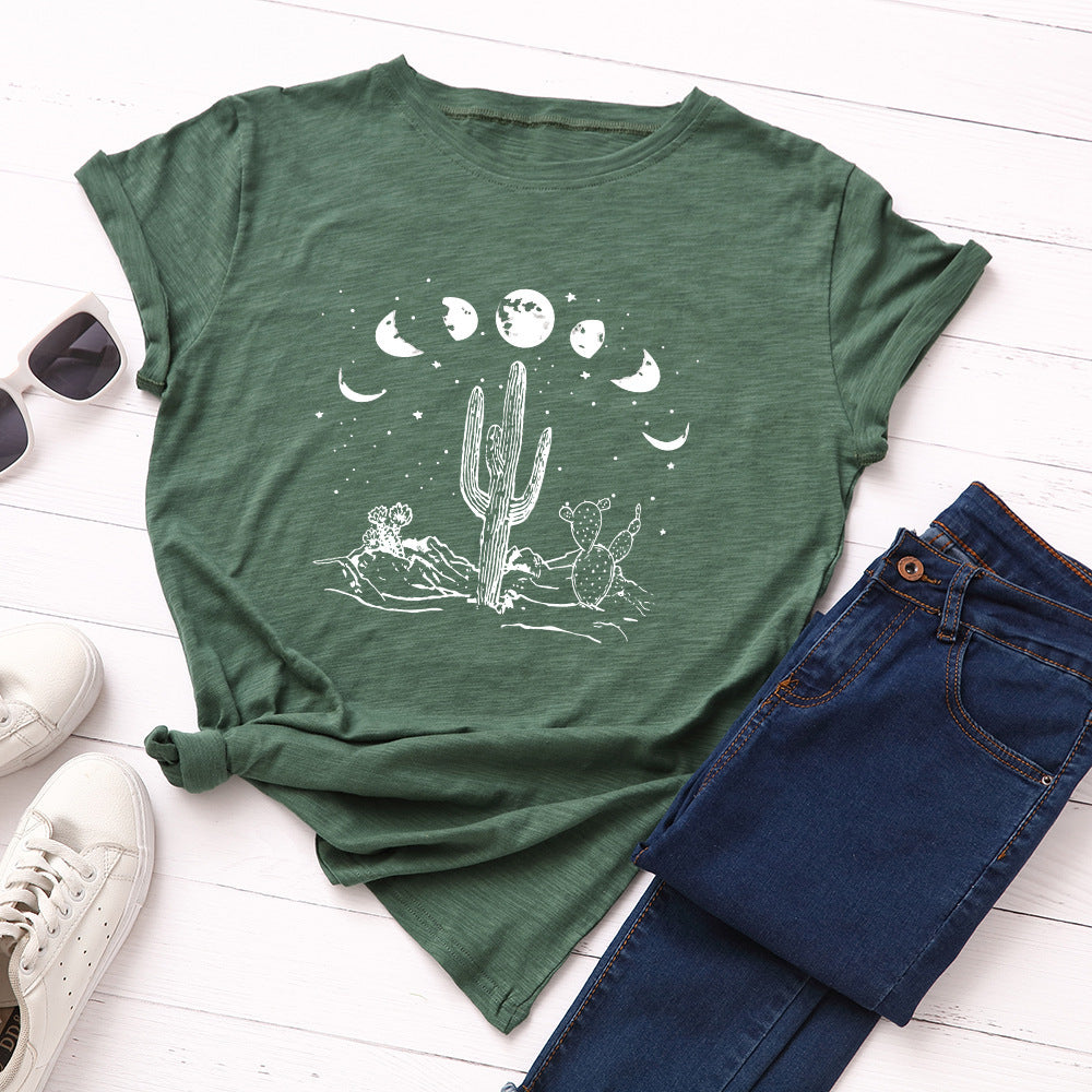 Cactus Print Round Neck Short Sleeve T-Shirt