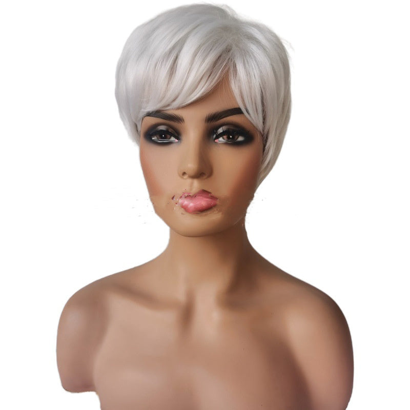 Silver White Ladies Short Hair Oblique Bangs Wig