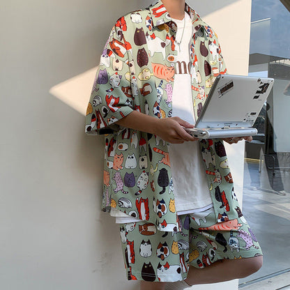 Fashion Ice Silk Short Sleeve Flower Shirt Suit For Men