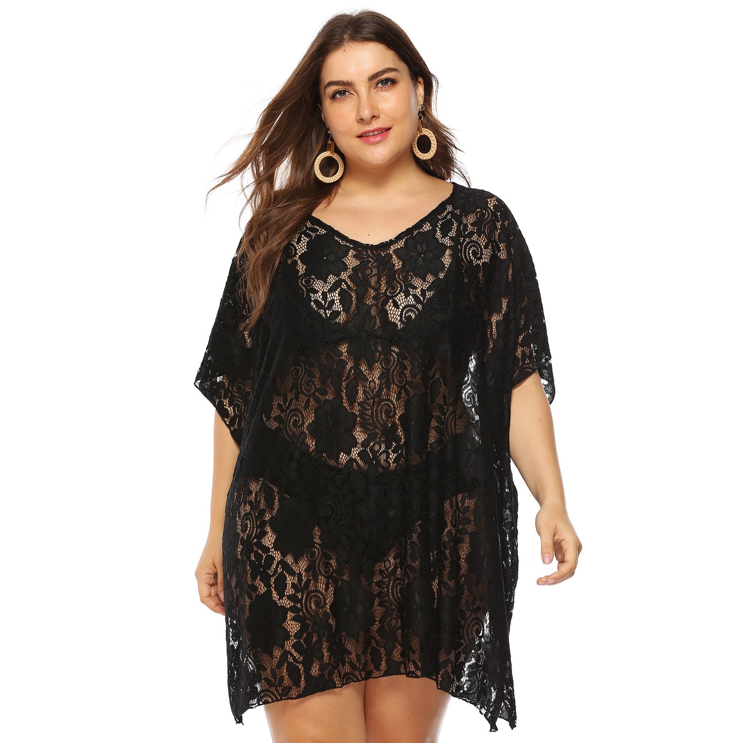 Lace Hollow Out See-through V-neck Split Beach Dress