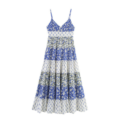 Summer Bow Patchwork Printed Layered Splicing Sling Dress