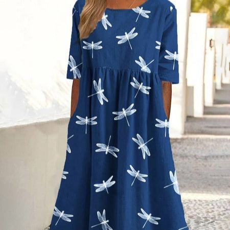 Summer New Mid-waist Women's Round Neck 3D Printing Dress