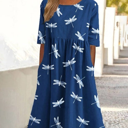 Summer New Mid-waist Women's Round Neck 3D Printing Dress