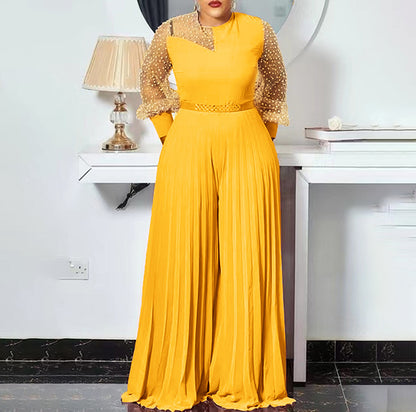 Fitted Waist Pleated One-piece Wide-leg Pants