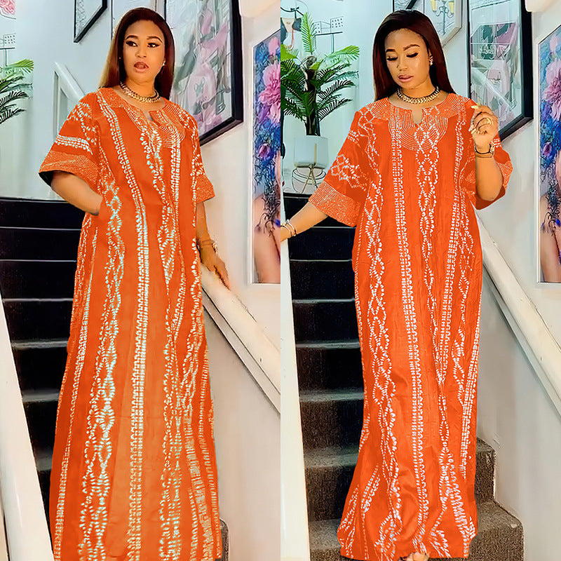 Middle East Striped Loose Robe African Dubai Arabic Satin Hot Drilling Stitching Dress