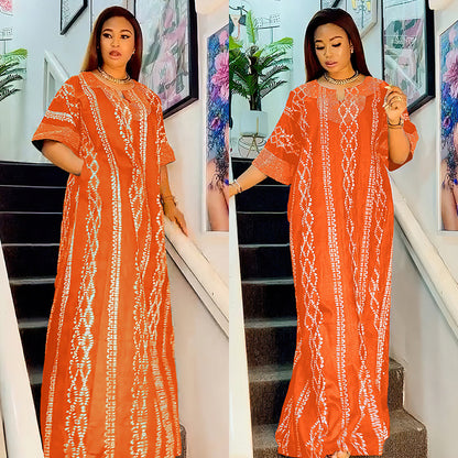Middle East Striped Loose Robe African Dubai Arabic Satin Hot Drilling Stitching Dress