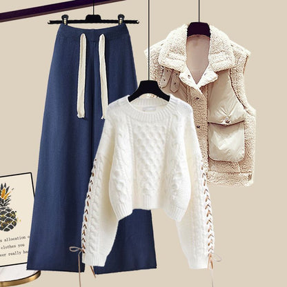 Women's Autumn And Winter Thickened Vest All-matching Knitted Sweater Wide Leg Pants Three-piece Suit