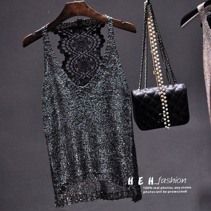 Sexy Off-shoulder Vest Halter Sequined Lace Top