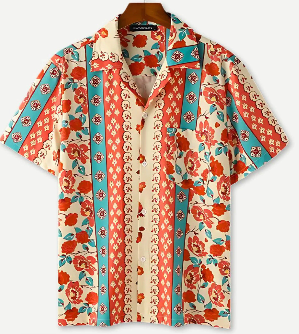 European And American Hawaiian Casual Floral Print Men's Lapel Shirt Short Sleeve