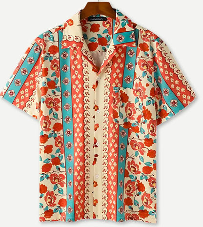 European And American Hawaiian Casual Floral Print Men's Lapel Shirt Short Sleeve