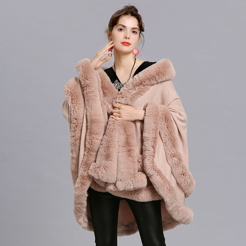 Faux Fox Fur Collar Fur Hooded Knit Cardigan Cape Cape Jacket