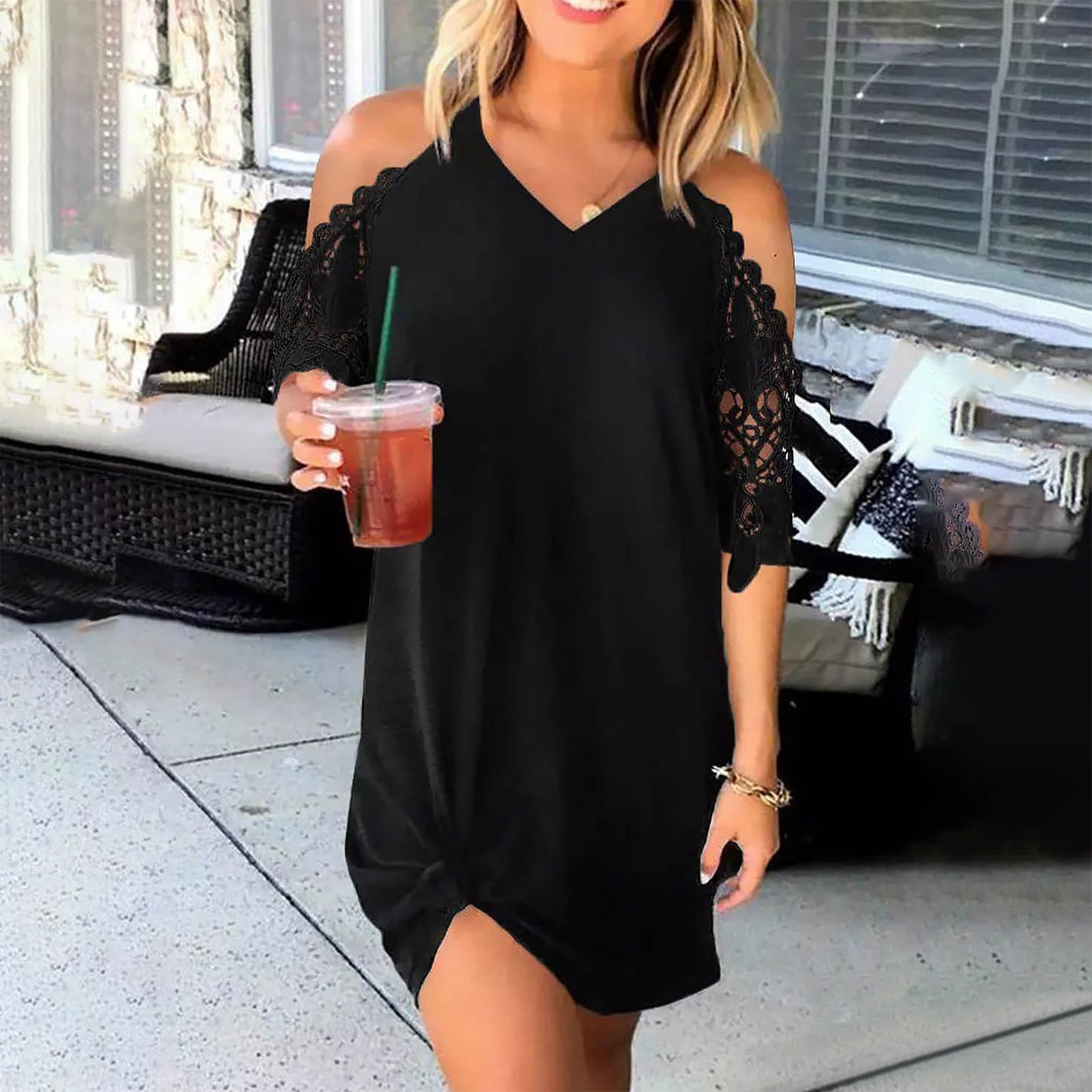 Women's Lace Patchwork Cold-shoulder V-neck Solid Color Dress