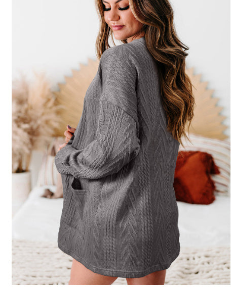 Medium Grey Solid Textured Open Front Cardigan With Pocket