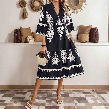 Summer New Women's Clothing V-neck Casual Style Loose Print Dress