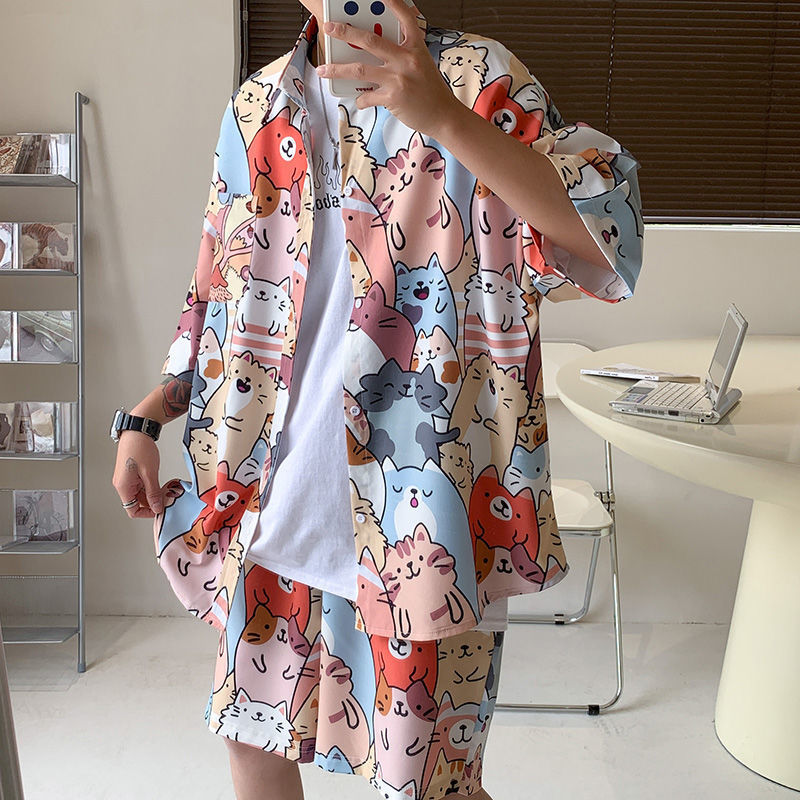 Fashion Ice Silk Short Sleeve Flower Shirt Suit For Men