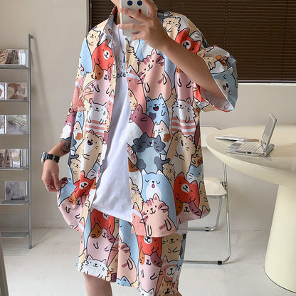 Fashion Ice Silk Short Sleeve Flower Shirt Suit For Men