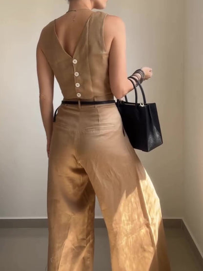 Khaki Button Back Vest & Wide Leg Pants Set