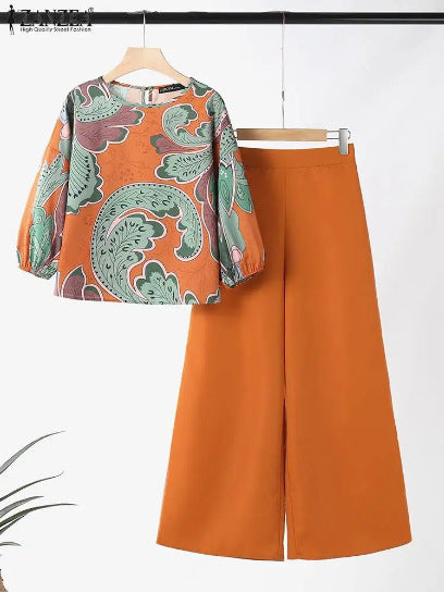 Summer Floral Print Top Wide Leg Pants Sportswear Fashion Loose Match Suit