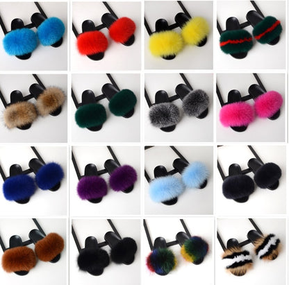 Real hair fox fur slippers female summer word drag fur plush shoes outside wearing sandals slip flat bottom