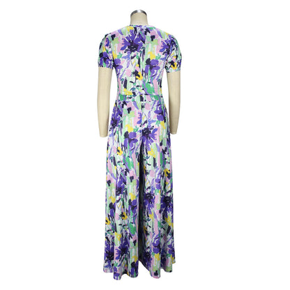Casual Print Crew Neck Puff Sleeve Two-Piece Wide Leg Pants
