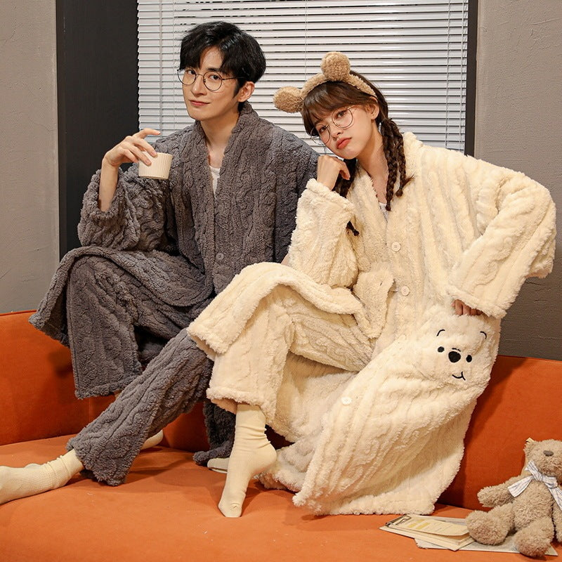 Women's Nightgown Autumn And Winter Long Flannel Thickened Couple Plus Size Loose Bathrobe Coral Fleece