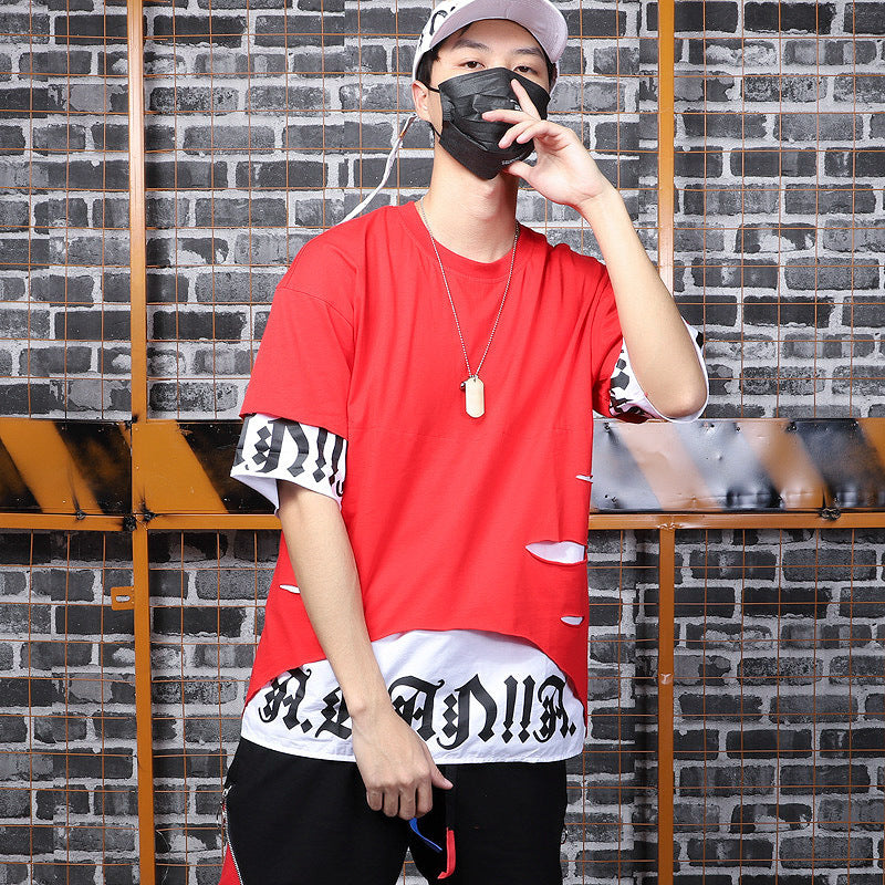Short Front And Long Back Punk Trend Hip-hop Hole Hit Color Fake Two Sleeve T-shirts