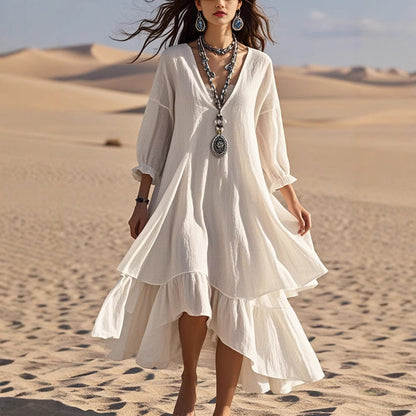 Cotton And Linen Solid Color Long Sleeve V-neck Dress