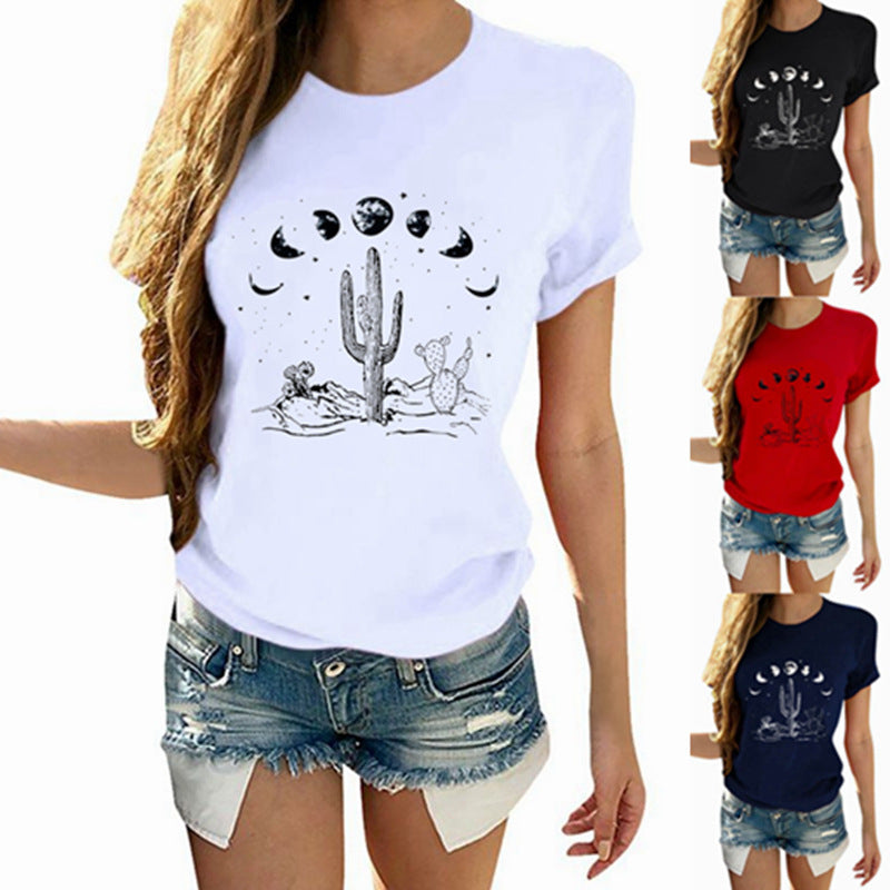 Cactus Print Round Neck Short Sleeve T-Shirt