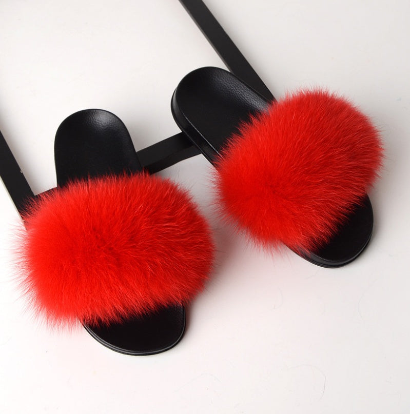 Real hair fox fur slippers female summer word drag fur plush shoes outside wearing sandals slip flat bottom