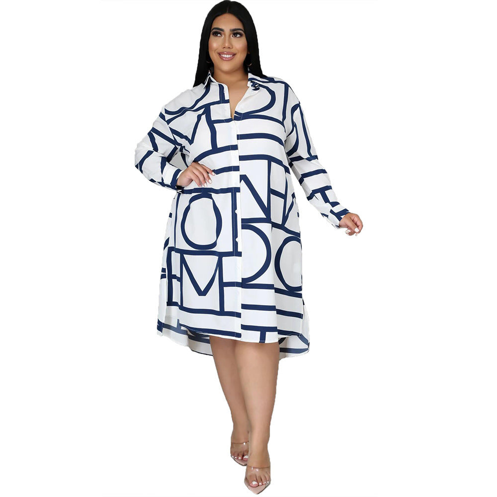Explosive Printed Lapel Long Sleeve Irregular Dress
