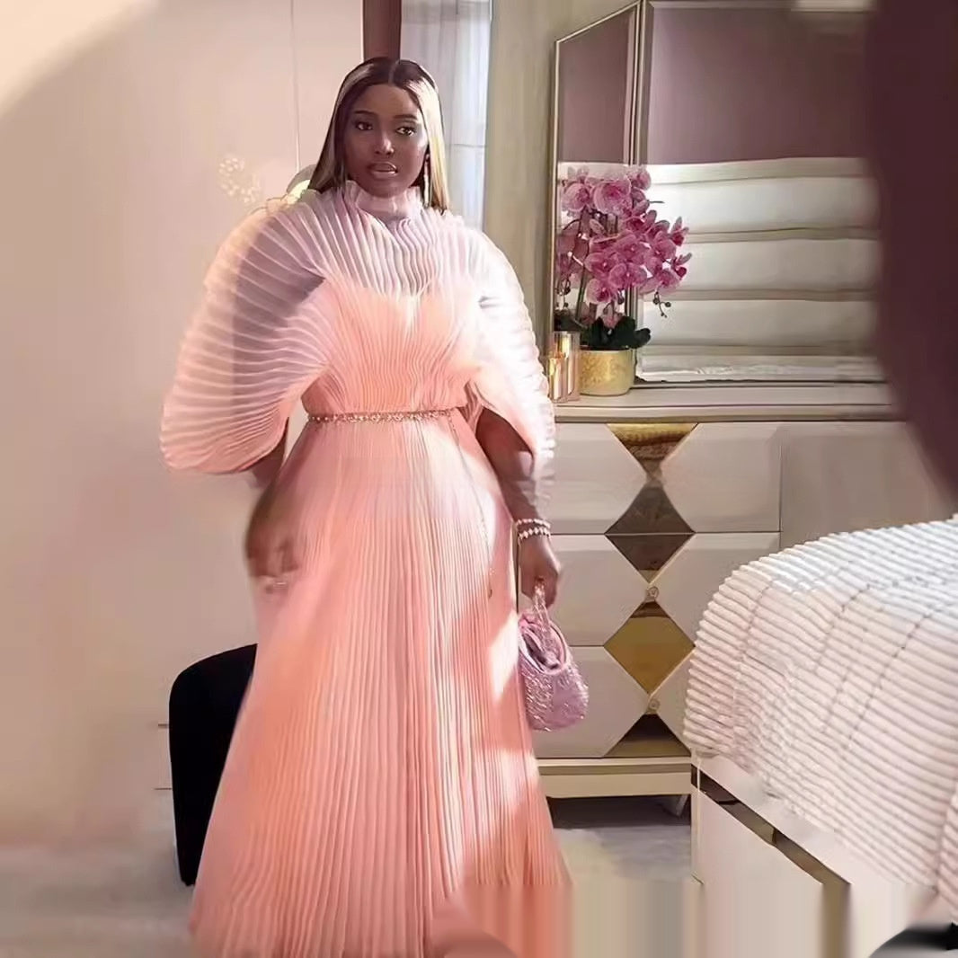 Solid Color Heavy Handmade Puff Sleeve Round Neck Belt Pleated Dress Women