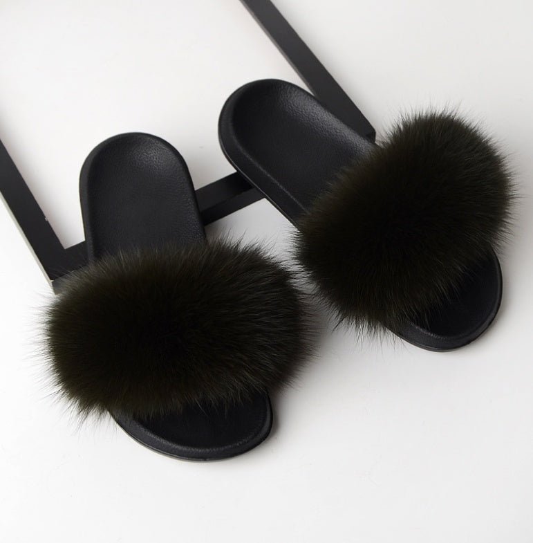 Real hair fox fur slippers female summer word drag fur plush shoes outside wearing sandals slip flat bottom