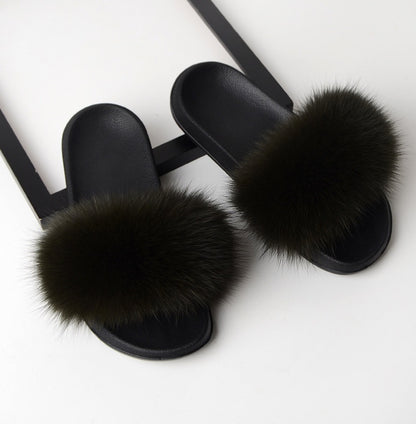 Real hair fox fur slippers female summer word drag fur plush shoes outside wearing sandals slip flat bottom