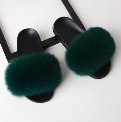 Real hair fox fur slippers female summer word drag fur plush shoes outside wearing sandals slip flat bottom