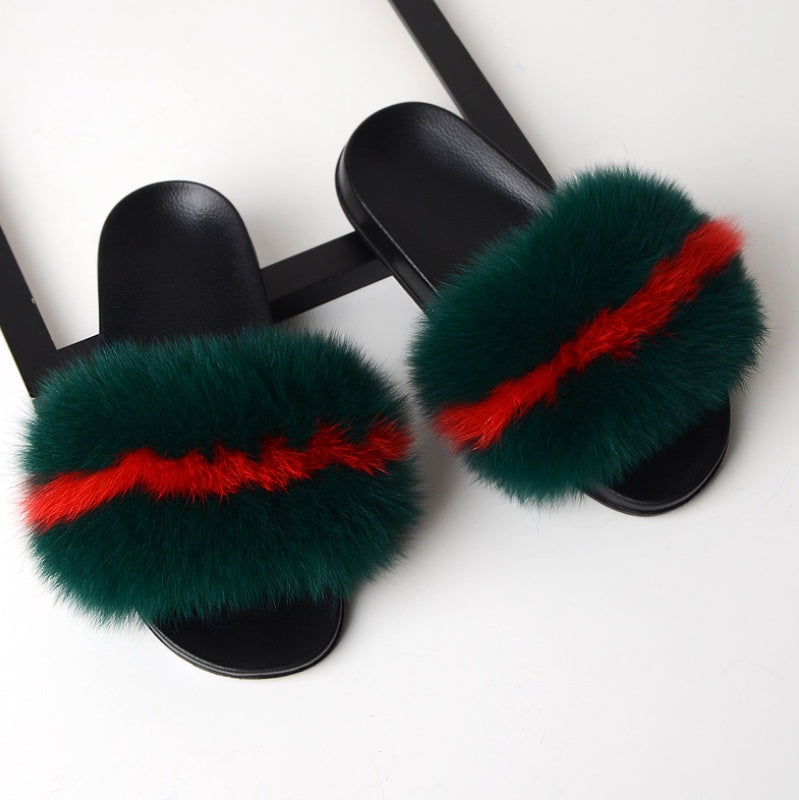 Real hair fox fur slippers female summer word drag fur plush shoes outside wearing sandals slip flat bottom