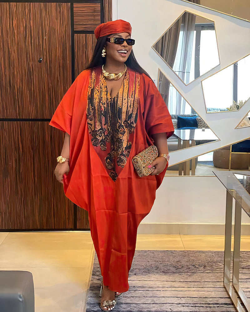 African Ethnic Style Loose Headscarf Plus Size Color-matching Dress