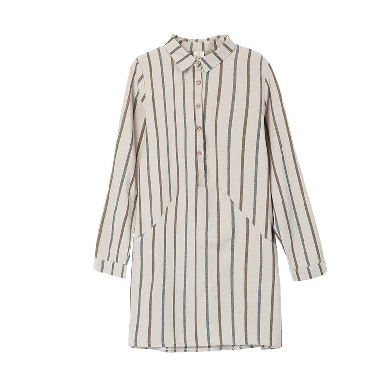 Striped Lapel Mid-Length Long-Sleeved Shirt Women