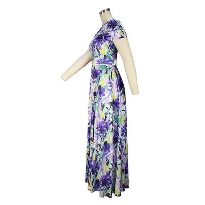 Casual Print Crew Neck Puff Sleeve Two-Piece Wide Leg Pants