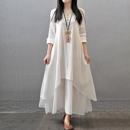 Loose Long Sleeve Cotton And Linen Skirt