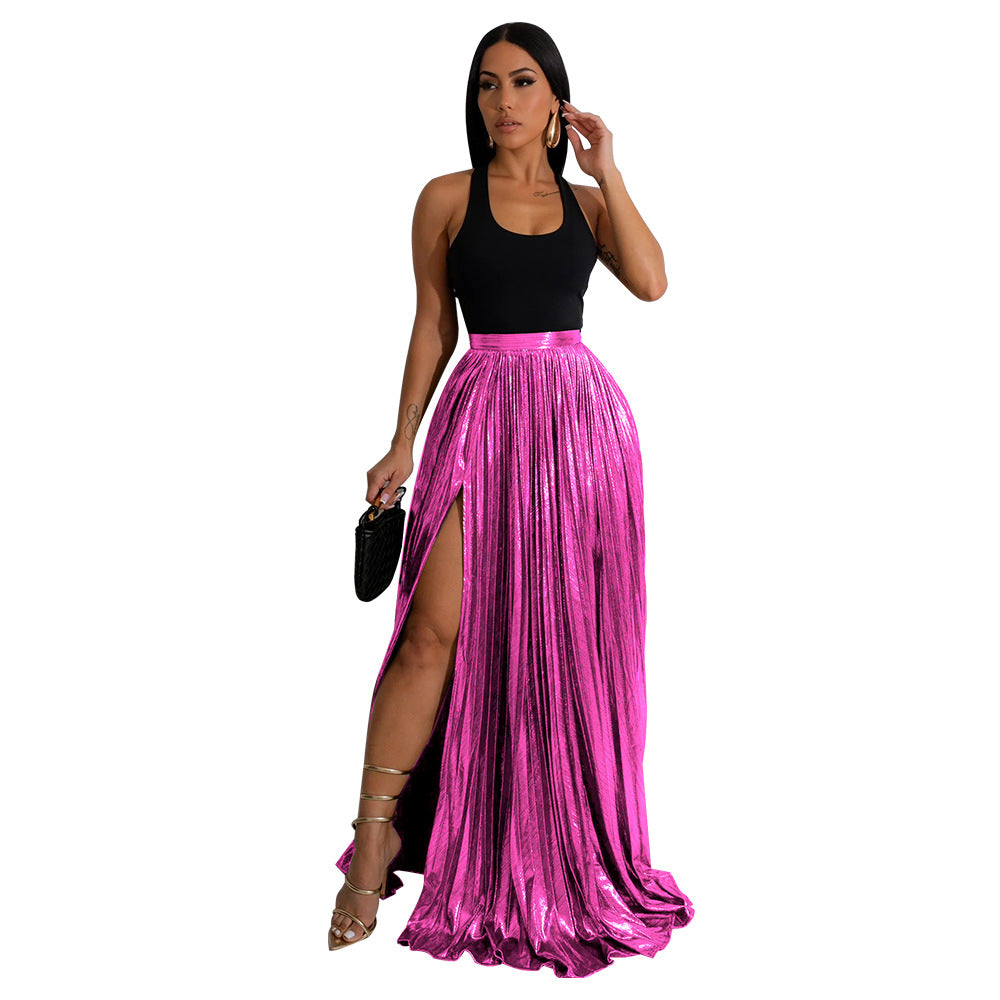 European And American Graceful And Fashionable Skirt Solid Color High Waist Pleated Slit Dress