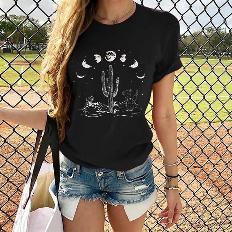 Cactus Print Round Neck Short Sleeve T-Shirt