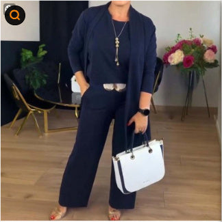 Round Neck Long Sleeve Top Belt Comfortable Blouse And Pants